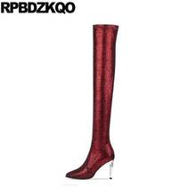 Fashion Stiletto Pointed Toe High Heel Black Suede Slim Thigh Women Boots 2021 Shoes Custom Sheepskin Metal Long Fur Wine Red 2024 - buy cheap