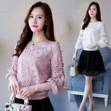 2021 Spring Autumn Women Long Lantern Sleeve Lace Blouses Lady Casual O-Neck Shirts Lace Hollow Out Tops Feminine Blusas 2024 - buy cheap