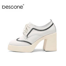 Bescono-zapatos de tacón cuadrado para mujer, calzado de vestir con plataforma alta de retales, punta redonda, piel auténtica, BM750 2024 - compra barato