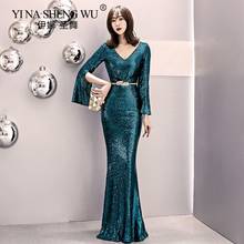 New Long Sleeve Sequin Dress Mermaid Sexy V-neck Beaded Halter Green Ball Dress Simple Vestidos Longo De Festa 2024 - buy cheap