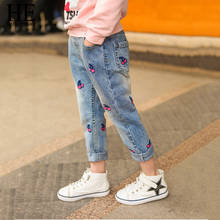 He olá aproveite roupas infantis jeans para meninas primavera outono calças infantis boutique calças de cereja bordadas 2024 - compre barato