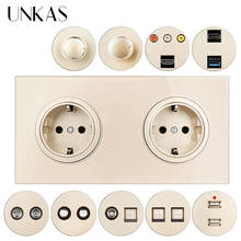 UNKAS Dual EU Gold Glass Panel Socket+ Dimmer Fan Regulator Switch HDMI-Compatible USB TV RJ45 Internet RJ11 Telephone Outlet 2024 - buy cheap