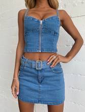 Summer Blue Denim Two Pieces Skirts Sets Women Jeans Streetwear Low Cut Straps Bustier Crop Tops+Mini Bodycon Skirts Club Sets 2024 - buy cheap