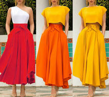Falda larga plisada de cintura alta para mujer, faldas largas plisadas, con lazo, Color sólido, A la moda, rojo, naranja, amarillo 2024 - compra barato