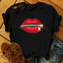 FIXSYS-Camiseta informal de lentejuelas con estampado de labios rojos para mujer, camiseta negra de moda Vintage, Camiseta de algodón con labios con cremallera 2024 - compra barato
