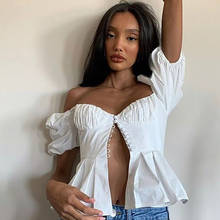 Elegant Solid White Summer Blouse Shirt for Woman Short Puff Sleeve Slim Button Up Vintage Pelpum Crop Tops V Neck Blouse Tops 2024 - buy cheap