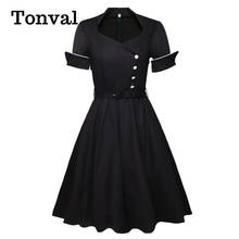 Tonval Black Elegant Button Front Women Vintage A Line Dress High Waist Belted Knee Length Ladies Swing Dresses 2024 - buy cheap