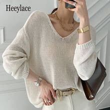 New 2021 Spring Summer Elegant Women Sweater V-Neck Pullovers Knitted Cutout Korean Style Oversize Wild Lady Jumpers 2024 - buy cheap