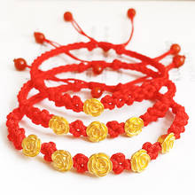 Pulsera de oro amarillo de 24K para mujer, 999 Real, rosa de la suerte 3D, cuentas de flor de melocotón roja, pulsera tejida con nudo 2024 - compra barato