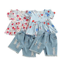 2021-03-25 Lioraitiin 1-6Years 2 Pieces Kids Girl Suit Set Flower Print Short Sleeve Pullover Top Ripped Denim Shorts 2Colors 2024 - buy cheap