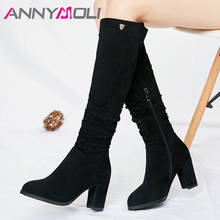 ANNYMOLI Winter Knee High Boots Women Pleated Block High Heels Tall Boots Zip Round Toe Shoes Ladies Autumn Black Big Size 33-43 2024 - buy cheap