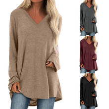 2020 V Neck Solid Color Womens Long Sleeve Loose Shirts Baggy Blouse Shirt Jumper Pullover Tops 5XL Plus Size 2024 - buy cheap
