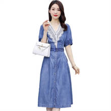 2021Summer Women's New Lace Trim V-neck Denim Dress Female Cowboy Midi Shirt Ladies fashion Dress Short sleeve Vestidos 2024 - buy cheap