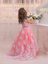 Laço primeiro comunhão sagrada vestidos crianças vestidos de noite até o chão little flower girl vestidos blush rosa vestido concurso 2024 - compre barato