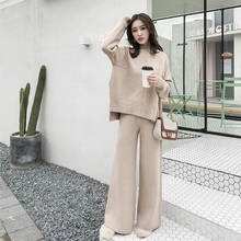 Autumn Winter 2 Piece Set Women Knitted Suit Loose Half Turtleneck Sweater Pullover+Wide Legs Pants Suit Tracksuit Trousers Suit 2024 - buy cheap