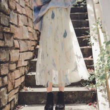 Lace Mesh Floral Print Skirt 2021 New Spring Korean Style Loose Mid-Length Skirt Women 2024 - buy cheap