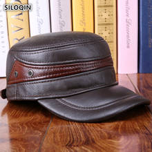 SILOQIN Men's Genuine Leather Hat Autumn Winter Cowhide Military Hats Adjustable Size Middle-aged Earmuffs Flat Cap Leather Caps 2024 - buy cheap