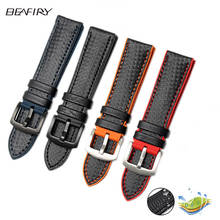 Beafiry pulseira de relógio 18mm 20mm 22mm 24mm, couro legítimo de fibra de carbono laranja e preto com costura, esportiva 2024 - compre barato