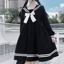 Women One Piece Black Dress Japanese Kawaii Cute Bow Loose Vintage Long Sleeve Dresses Vestidos Femme Autumn Fashion Midi Dress 2024 - buy cheap