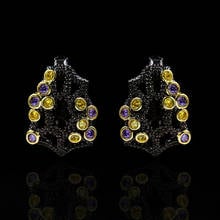 Vintage Female Purple Yellow Crystal Earrings Cute 14KT Black Gold Wedding Earrings For Women Luxury Hollow Flower Stud Earrings 2024 - buy cheap