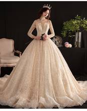 Vestido de casamento de luxo brilhante manga longa champanhe rendas lantejoulas frisado princesa colher pescoço árabe dubai bola vestido noiva vestidos longos 2024 - compre barato