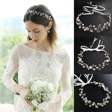 Crystal Floral Pearl Headband for Bridal Wedding Accessories Twisted Adjustable Ribbon Jewelry Romantic Hairband Headwear 2024 - buy cheap