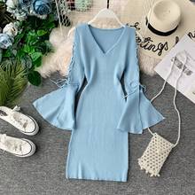 Gagarich Women Dress Bodycon Fashion Korean Sexy V-neck Split Side Solid Long Sleeve Knitted Dresses 2019 New Robe Femme 2024 - buy cheap