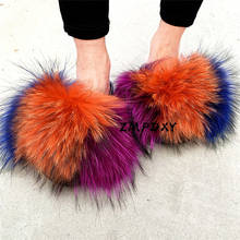 Women's Fluffy Raccoon Fur Slides Children's/Kids Real Fox Fur Slippers Warm Plush Home Shoes Rainbow Flip Flops Female Sandals 2024 - buy cheap