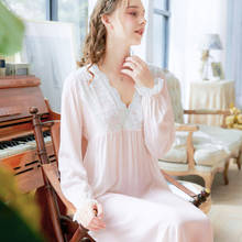 Новая женская кружевная ночная рубашка из хлопка с длинным рукавом Элегантная стильная ночная рубашка для отдыха для принцессы Весенняя женская одежда для сна 2024 - купить недорого