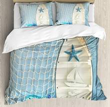 Nautical Duvet Cover Set Sea Objects on Wooden Backdrop with Vintage Boat Starfish Shell Fishing Net Photo Decorative 3 Piece 2024 - buy cheap