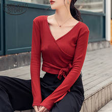 Fashion 2021 New Slim Spring Long Sleeve Women Tops and Blouses Solid V-neck Red Bow Bottom Women Shirts Black Tight 8204 50 2024 - buy cheap
