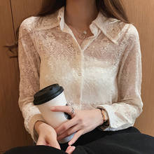 Blusa blanca con bordado Floral para mujer, camisa de encaje de talla grande, Top calado de manga larga, moda coreana, 2021 2024 - compra barato