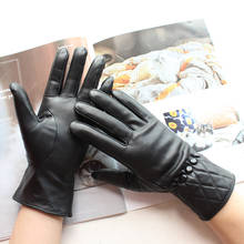 New Women Short Style Black Genuine Leather Fashion Sheepskin Plus Velvet Winter Windproof Warm Gloves  Touch Screen Function 2024 - buy cheap