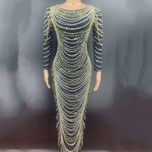 Блестящие Серебристые золотистые платья с бахромой и цепочкой с разрезом женские облегающие платья стрейч с длинным рукавом в пол вечерняя одежда для выпускного вечера 2024 - купить недорого