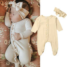 Macacão de algodão para bebês recém-nascidos, 2 peças, manga longa, com botão, babados, cor sólida, tiara, pijama, roupas 2024 - compre barato