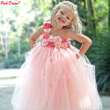 Vestido de festa de casamento infantil, rosa, blush, flores, chiffon coral, roupas de aniversário para crianças pequenas, vestido tutu 2024 - compre barato