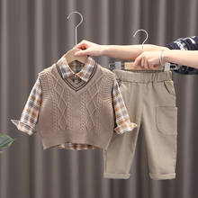Conjunto de 3 piezas de moda para bebés, camisa a cuadros de manga larga coreana, chaleco de punto con cuello en V y pantalones, trajes de otoño, 2021 2024 - compra barato