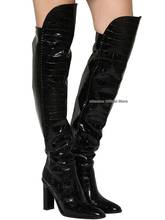 Black CROCO Pattern Block High Heeled Over The Knee Boots Woman Solid Color Boots Pointed Toe Thigh High Slouch Shoes 2024 - buy cheap