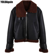 YOLOAgain winter warm ladies fur lining motorcycle shearling jacket women genuine leather jacket 2024 - buy cheap