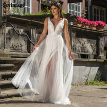 Glitter Tulle Boho Wedding Dress Beaded V-neck Lace Slit Beach Bride Dresses Princess Open Back Bridal Gowns Custom Made 2021 2024 - buy cheap