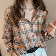 Camisa a cuadros con botones para mujer, blusa informal holgada de manga larga, moda coreana, tops de verano, c27, 2021 2024 - compra barato