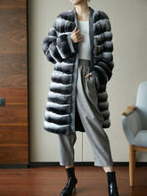 Abrigo largo de piel de chinchilla, cuello redondo, color gris, Arlenesain 2024 - compra barato