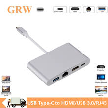 GRWIBEOU USB C to HDMI 4K+RJ45 Gigabit Ethernet+USB 3.0 Type C Hub Adapter USB-C Splitter for Macbook Air Pro Samsung 2024 - buy cheap
