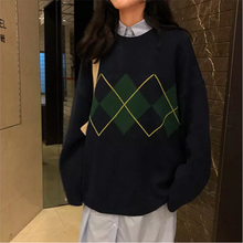 Korean College Style Autumn Winter Geometric Pattern Argyle Pullovers Loose Oversized O-Neck Knitted Sweaters Woman Jumper Mujer 2024 - buy cheap