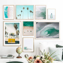 Póster de árbol de Coco y Playa, pinturas de tabla de surf, decoración del hogar, arte de pared, lienzo, cuadros de pared nórdicos para decoración de sala de estar 2024 - compra barato