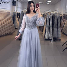 Serene Hill Grey A-Line Beading Evening Dress 2021 Long Lantern Sleeves Luxury Women Formal Party Wear Gown CLA70964 2024 - buy cheap