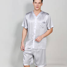 Conjunto de pijama masculino de seda nobre, pijama clássico com gola de entalhe e manga curta com cintura elástica, sp0142, 100% 2024 - compre barato