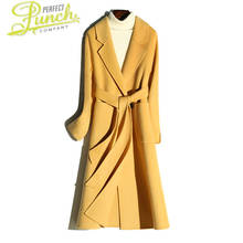 100% casaco feminino jaqueta longa de lã dupla face estilo coreano, primavera outono, amarelo, abrigos de mulher elegante xrd1810 kj5049 2024 - compre barato