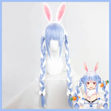 VTuber-Peluca de pelo largo trenzado para niña, peluca con trenzas holográficas de fantasía, con orejas de conejo, color azul y blanco, para Cosplay 2024 - compra barato