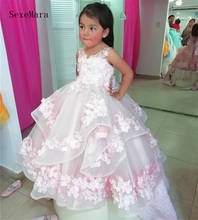 Vestido de renda infantil feminino, vestido linda de renda rosa para eventos especiais, vestido de baile, flores 3d, vestido de festa para crianças, vestido de aniversário de menina 2024 - compre barato